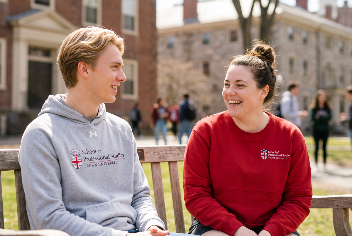 Two students sitting on a wooden bench outdoors, smiling and talking. The student on the left wears a gray hoodie with the Brown University School of Professional Studies logo, and the student on the right wears a red sweatshirt with a matching logo.